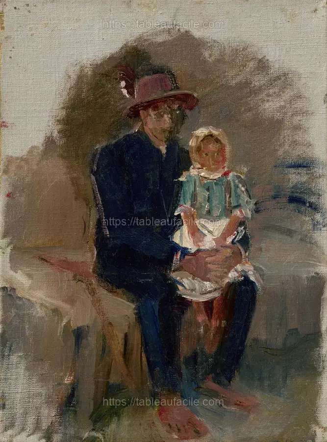 Seated gypsy with a girl on his knees by Ladislav Mednyánszky apercu