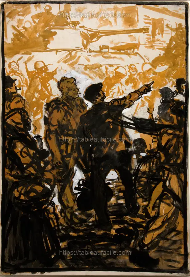 Troops and tank moving through crowded street, man giving directions to soldier (between 1939 and 1946) apercu