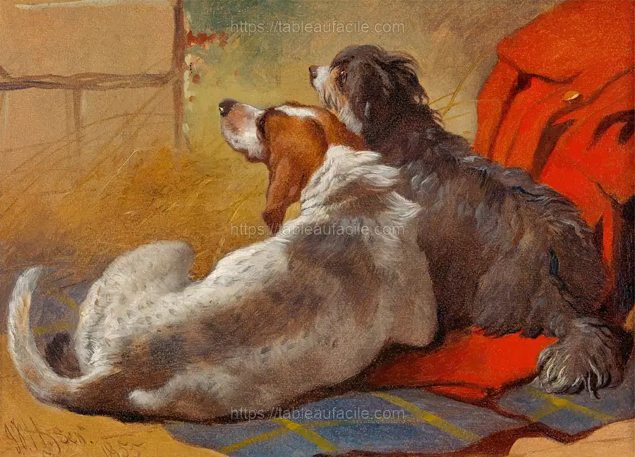A Hound and a Bearded Collie seated on a Hunting Coat (1855) by John Frederick Herring apercu