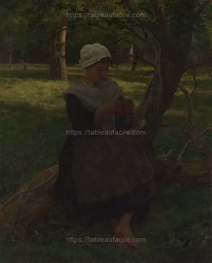 A Peasant Girl Knitting by Jules Breton apercu