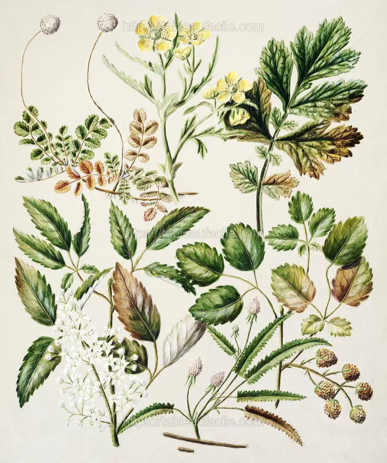 Antique plant Acaena sanguisorboe - Genn urbanum - R.australis - globra - R.parva - Rubens australis drawn by Sarah Featon apercu