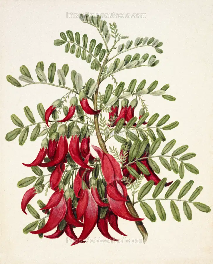 Antique plant Kowhai - Clianthus puniceus drawn by Sarah Featon apercu