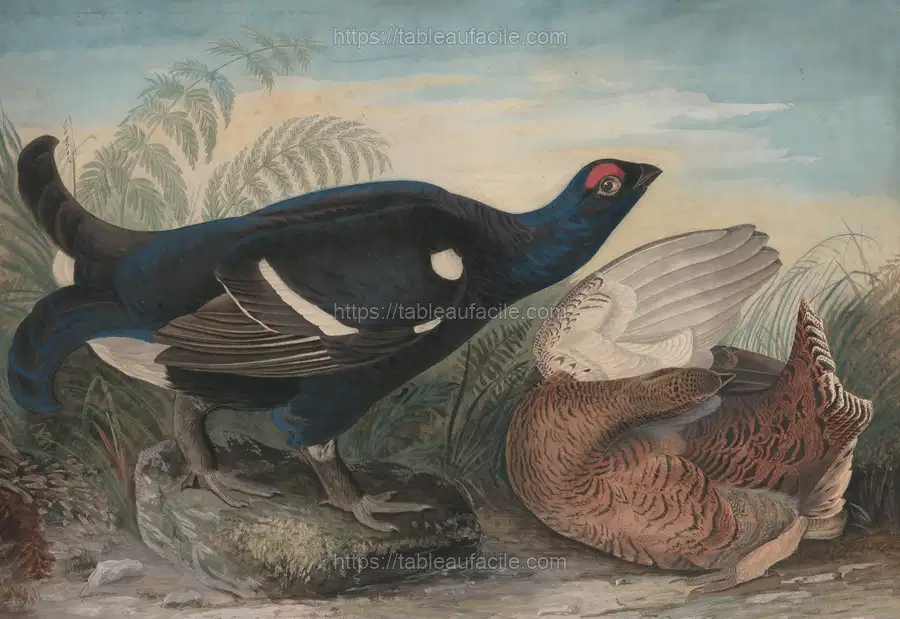 English Black Cocks (1828) by John James Audubon apercu
