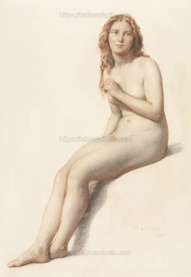 Naked woman posing sensually, vintage erotic art. Female Nude, Seated, Three Quarter View from Front (1859) by William Mulready apercu