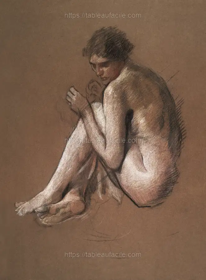 Naked woman posing sensually, vintage erotic art. Seated nude female figure by Edwin Austin Abbey apercu