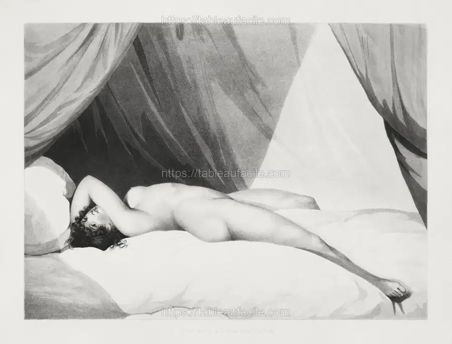 Naked woman posing sexually, vintage nude illustration. Nude Reclining on Curtained Bed (1797) by William Holland apercu