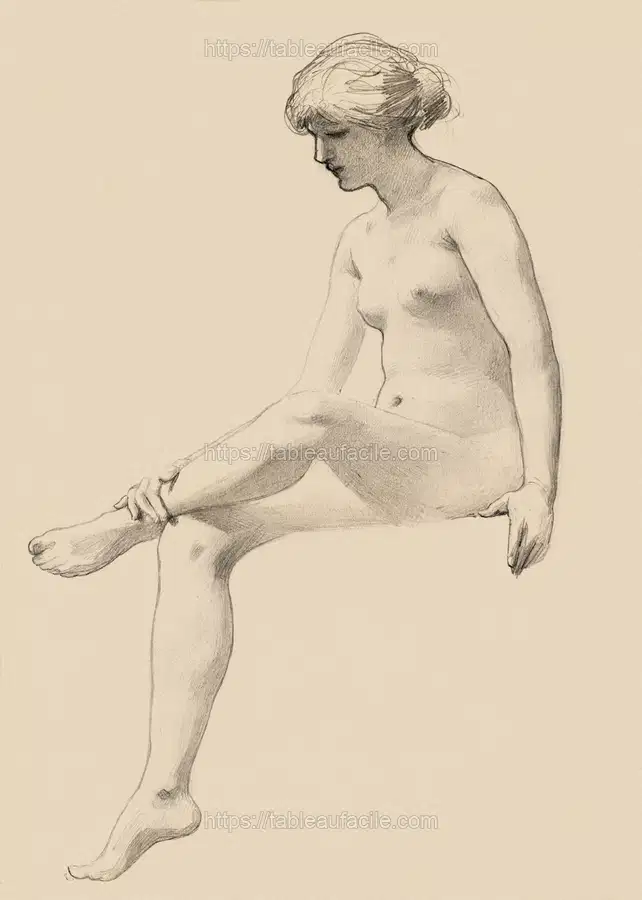 Naked woman showing her breasts, vintage erotic art. Seated Female Nude (1890) by James Wells Champney apercu