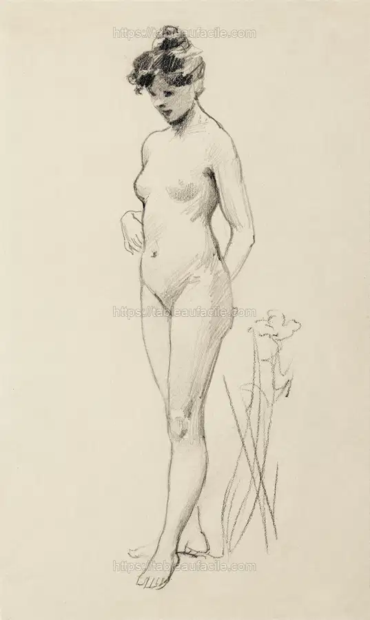 Naked woman showing her breasts, vintage erotic art. Standing Female Nude (1890) by James Wells Champney apercu