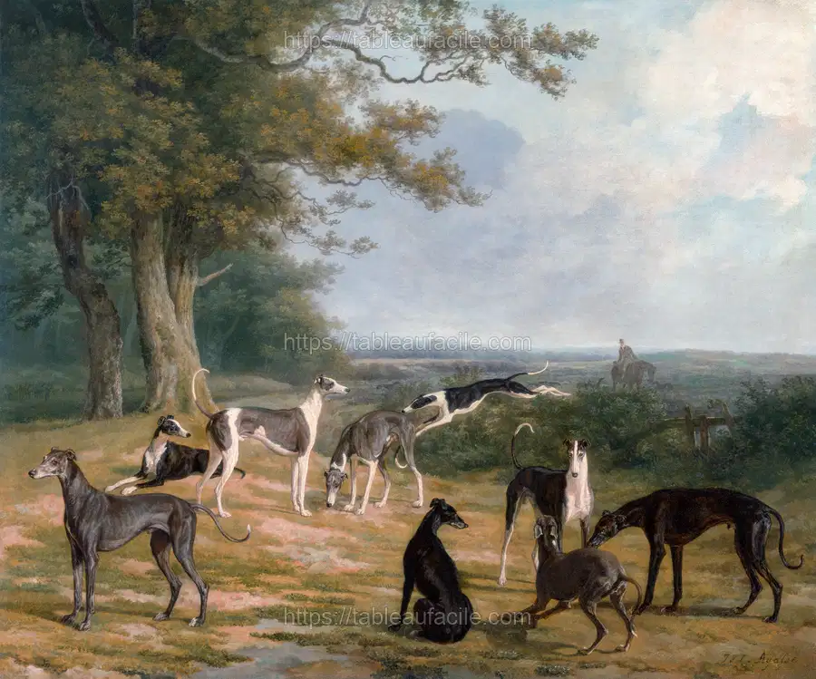 Nine Greyhounds in a Landscape (ca. 1807)  by Jacques–Laurent Agasse apercu
