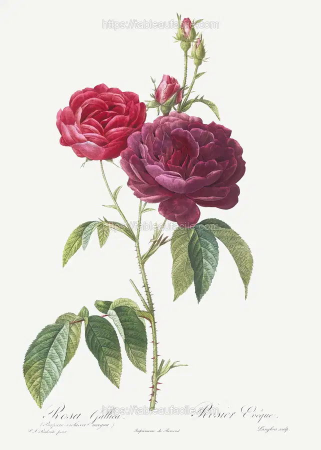 Purple French Rose, Rosa gallica purpuro-violacea magna from Les Roses (1817–1824) by Pierre-Joseph Redouté apercu