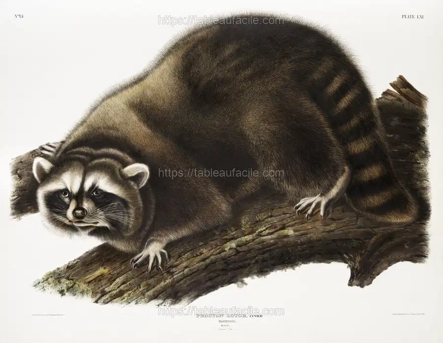 Raccoon (Procyon lotor) from the viviparous quadrupeds of North America (1845) illustrated by John Woodhouse Audubon apercu