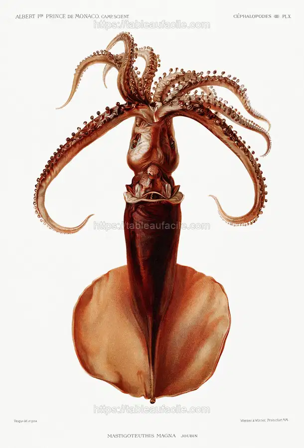Squid illustration from Résultats des Campagnes Scientifiques by Albert I apercu