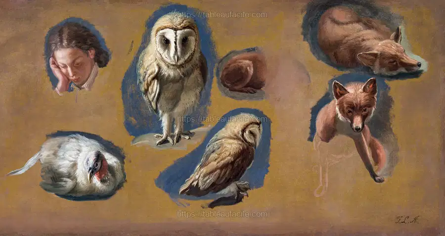Studies of a Fox, a Barn Owl, a Peahen, and the Head of a Young Man (ca. 1815)  by Jacques–Laurent Agasse apercu