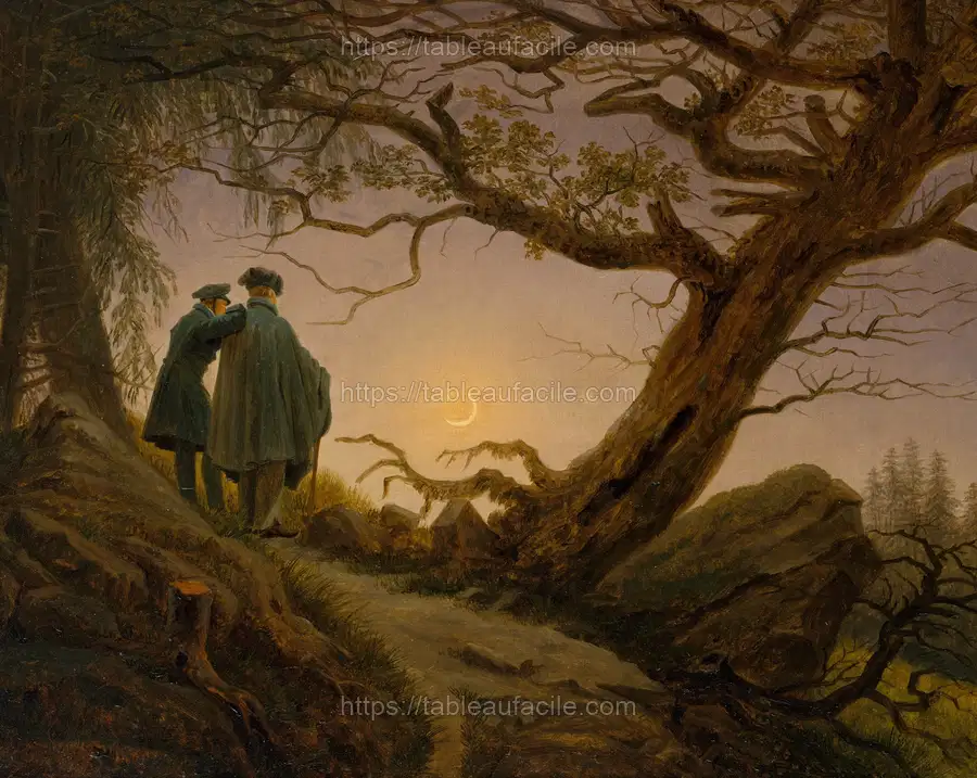 Two Men Contemplating the Moon by Caspar David Friedrich apercu